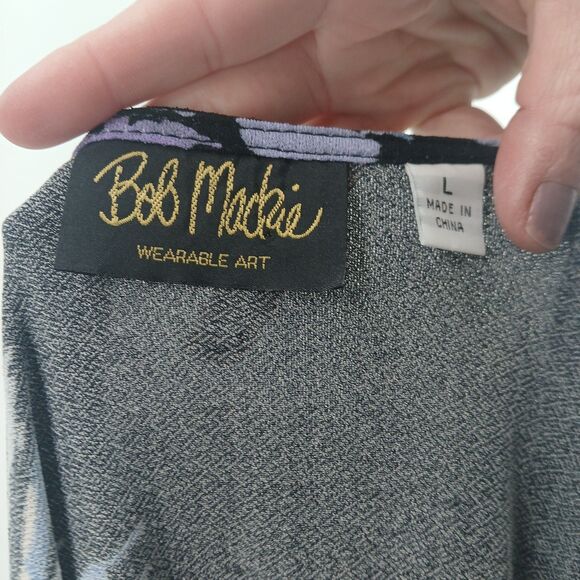 womens bob mackie wearable art long sleeve black floral blouse size large blue - Picture 4 of 6